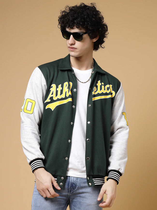 Men Athletic Puff Printed Varsity Jacket