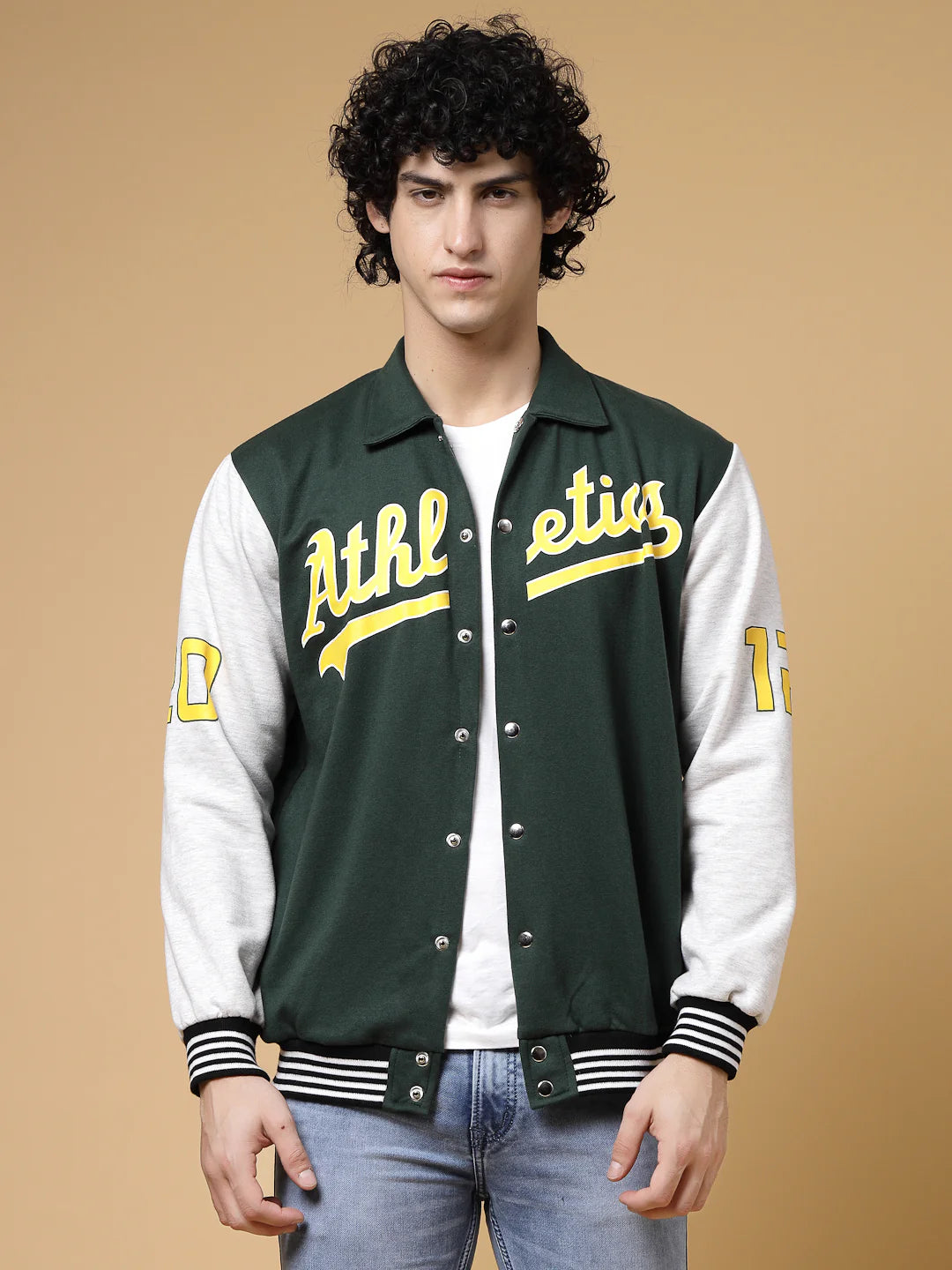 Men Athletic Puff Printed Varsity Jacket