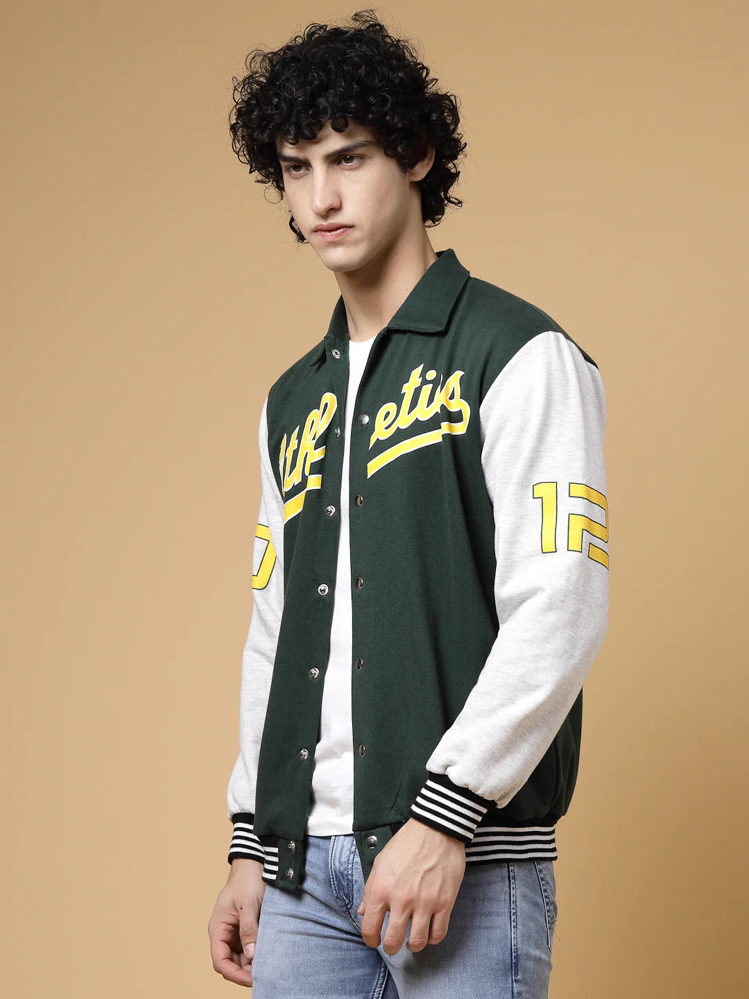 Men Athletic Puff Printed Varsity Jacket