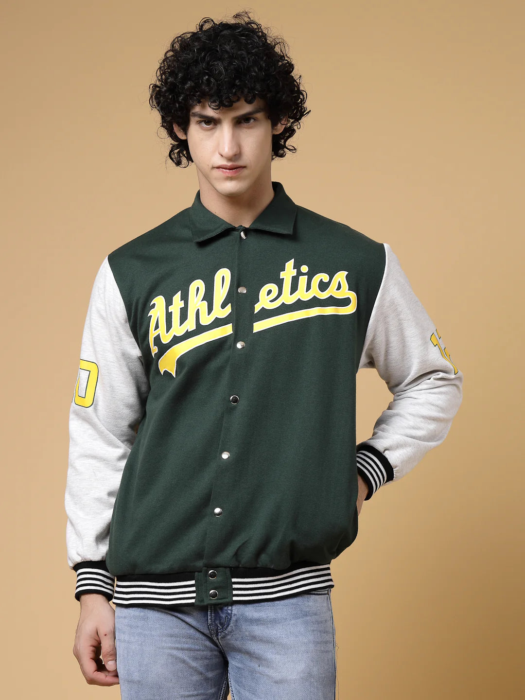 Men Athletic Puff Printed Varsity Jacket