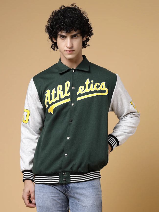 Men Athletic Puff Printed Varsity Jacket