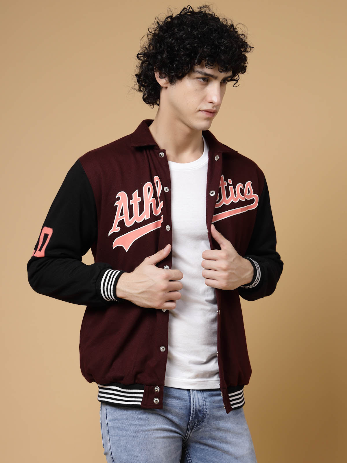 Men Athletic Puff Printed Varsity Jacket