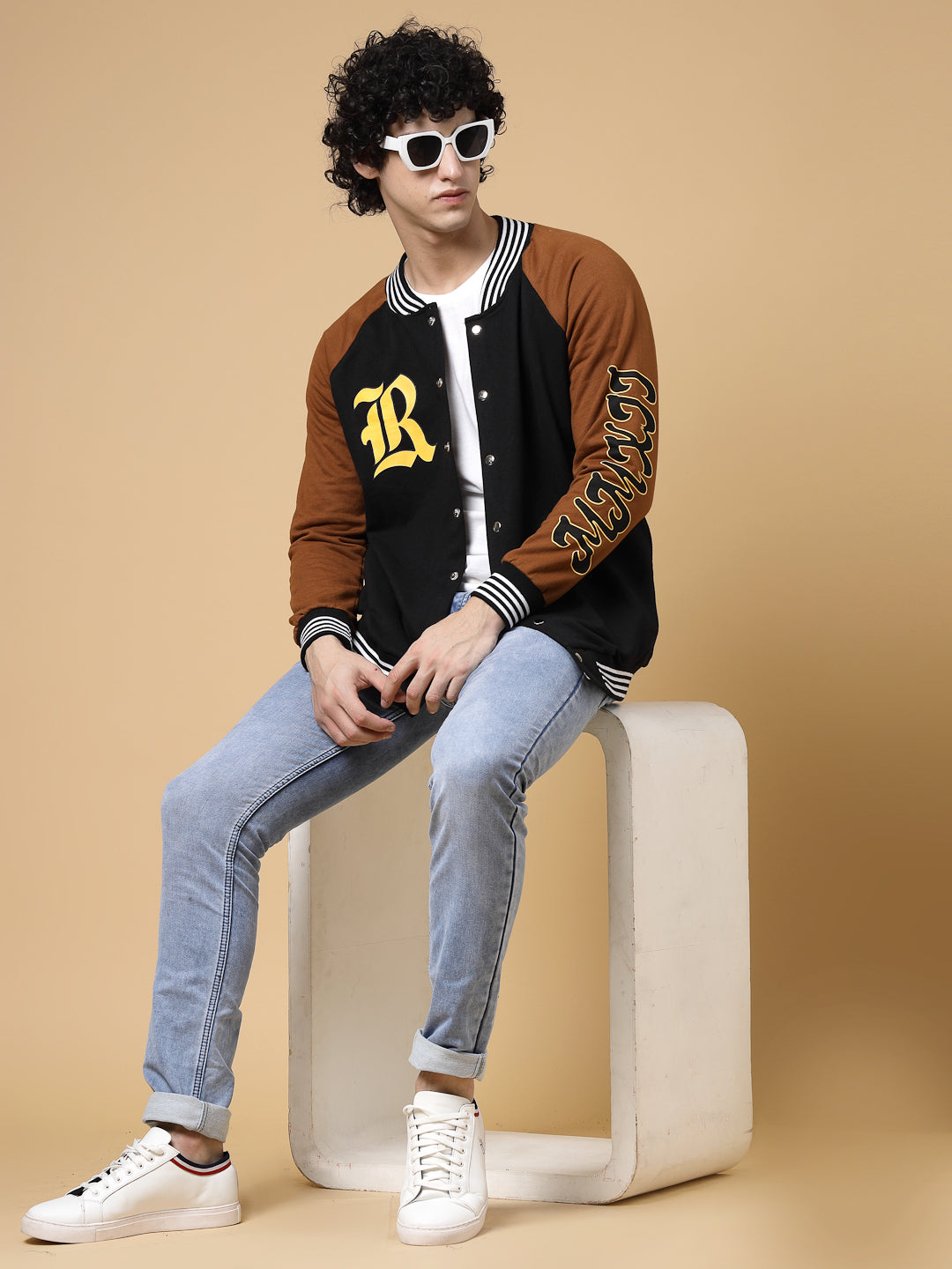 Men Black Oversized Printed Fleece Varsity Jacket