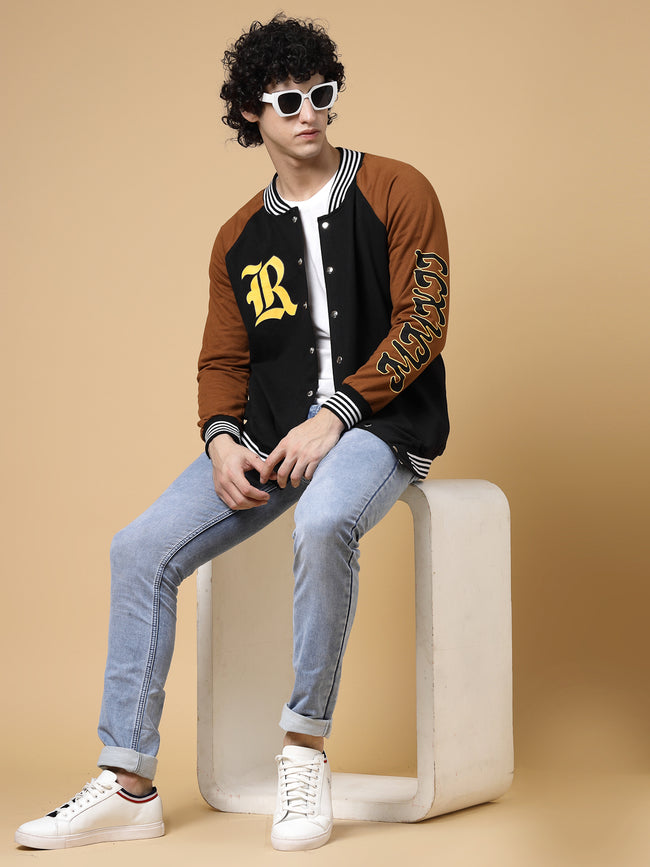 Men Black Oversized Printed Fleece Varsity Jacket