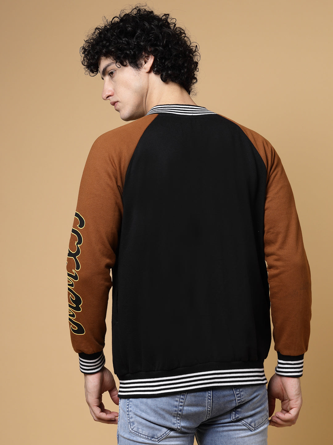 Men Black Oversized Printed Fleece Varsity Jacket