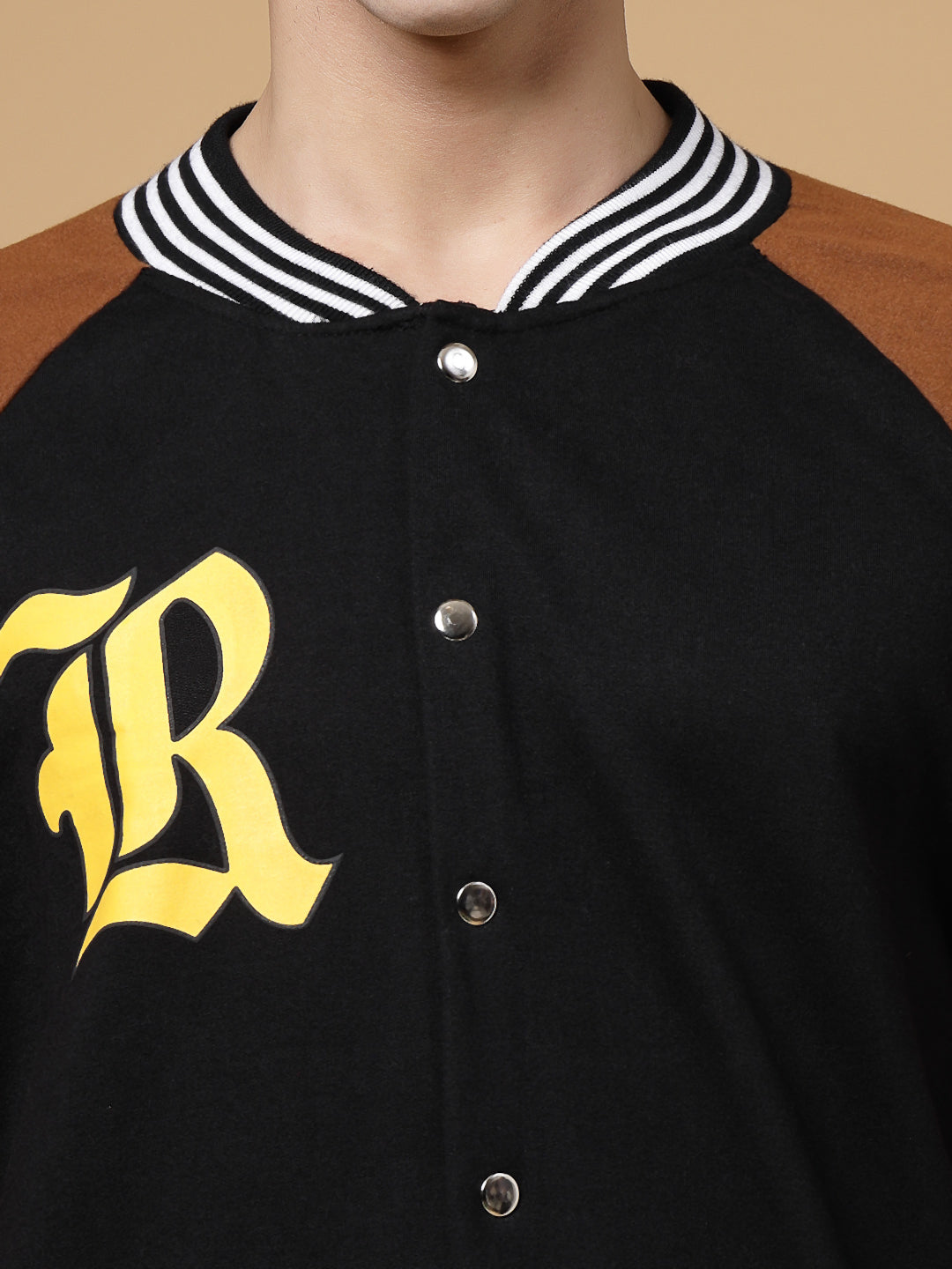 Men Black Oversized Printed Fleece Varsity Jacket
