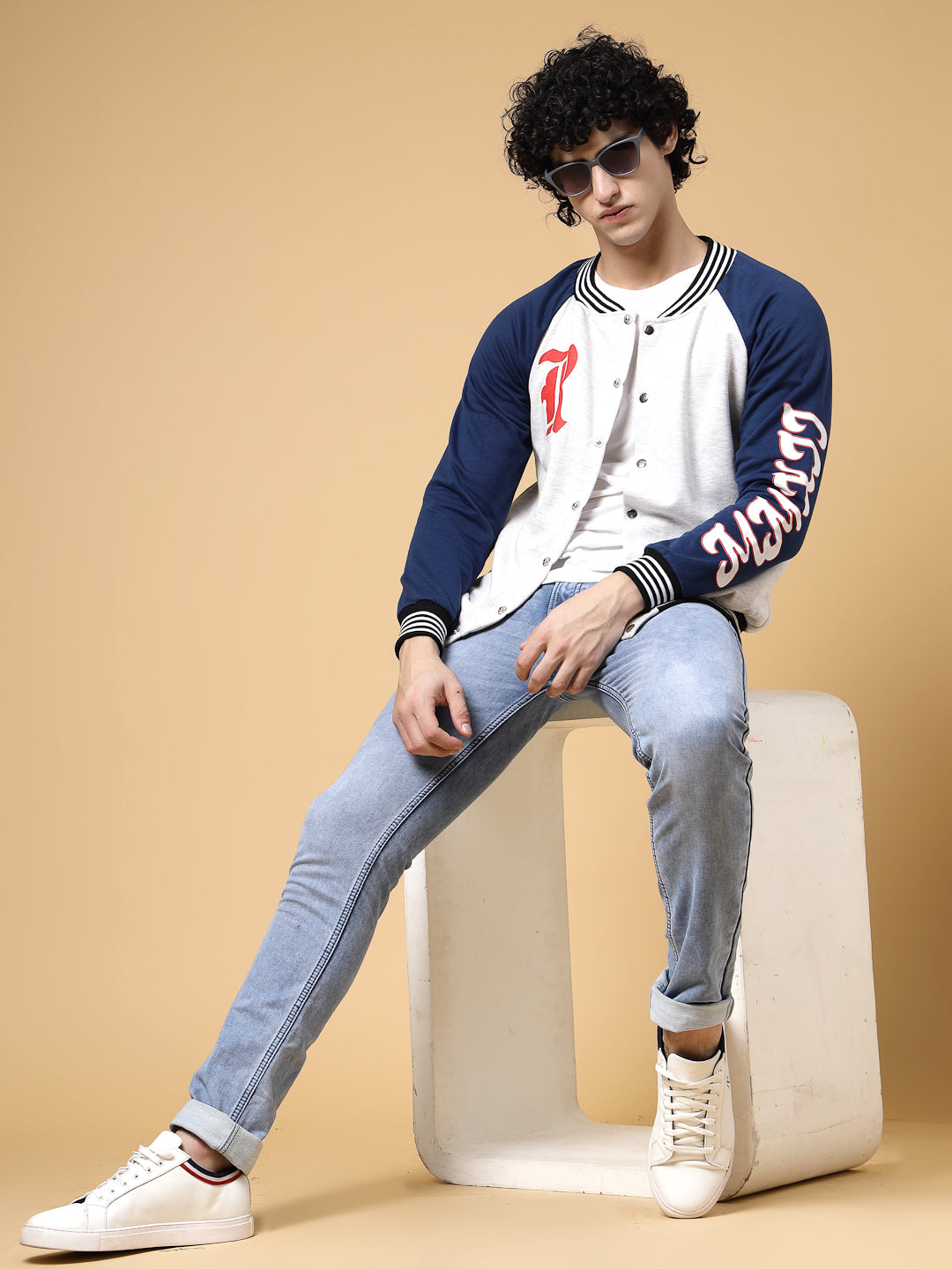 Men Acromelange Oversized Printed Fleece Varsity Jacket