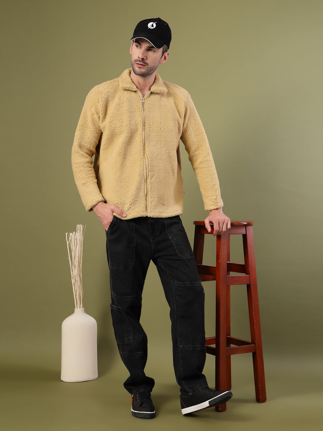 Men Cream Sherpa Solid Oversized Jacket