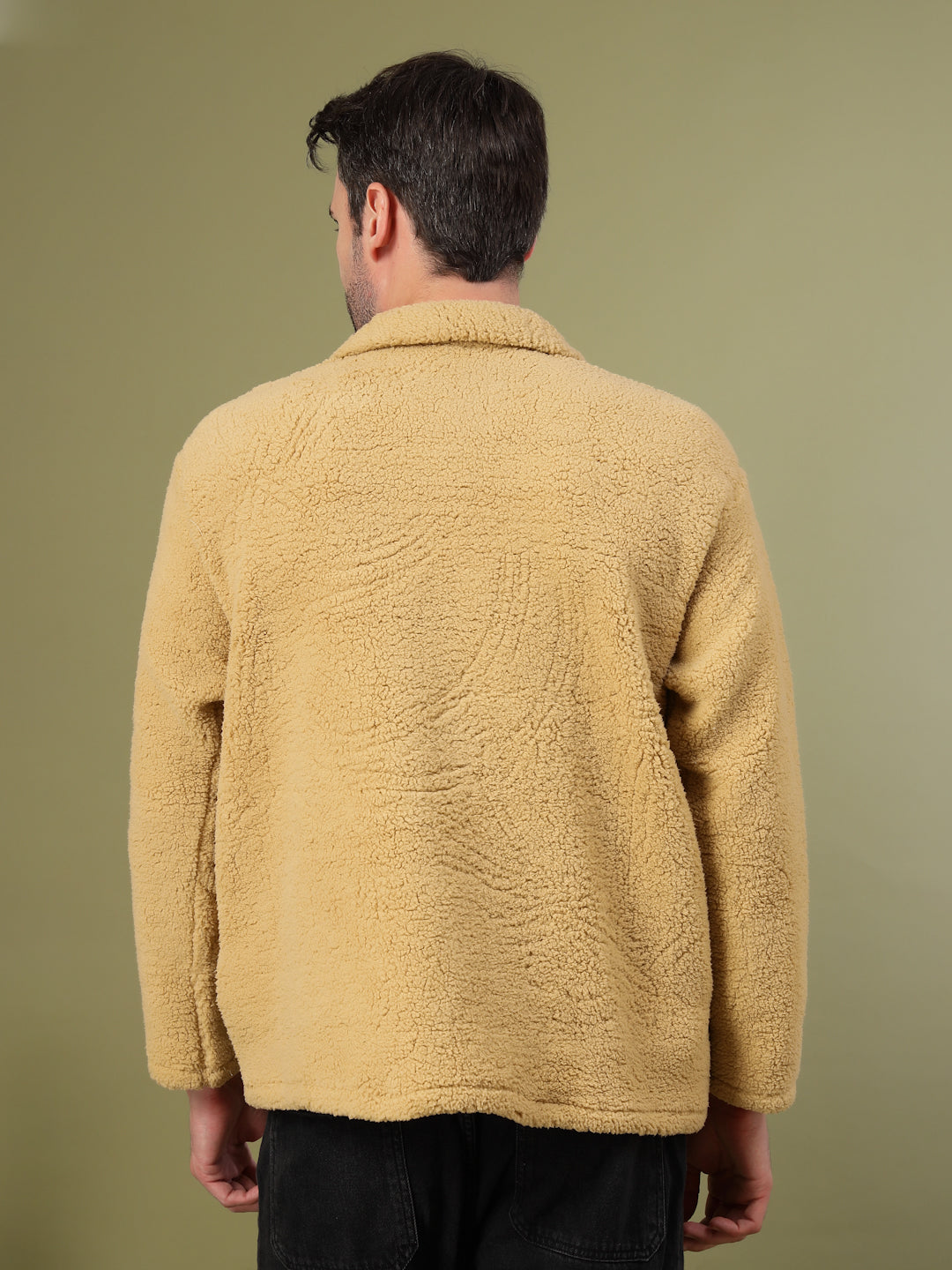 Men Cream Sherpa Solid Oversized Jacket