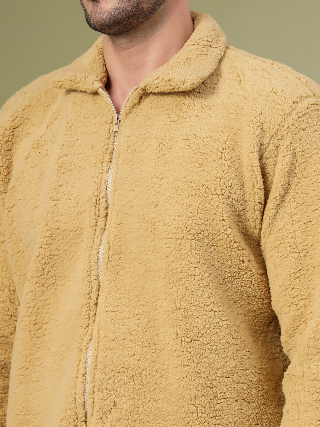 Men Cream Sherpa Solid Oversized Jacket