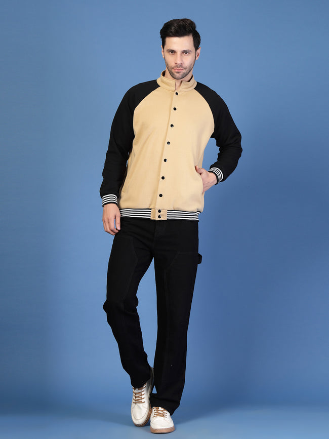 Men Cream Fleece Colorblock Oversized Bomber Jacket
