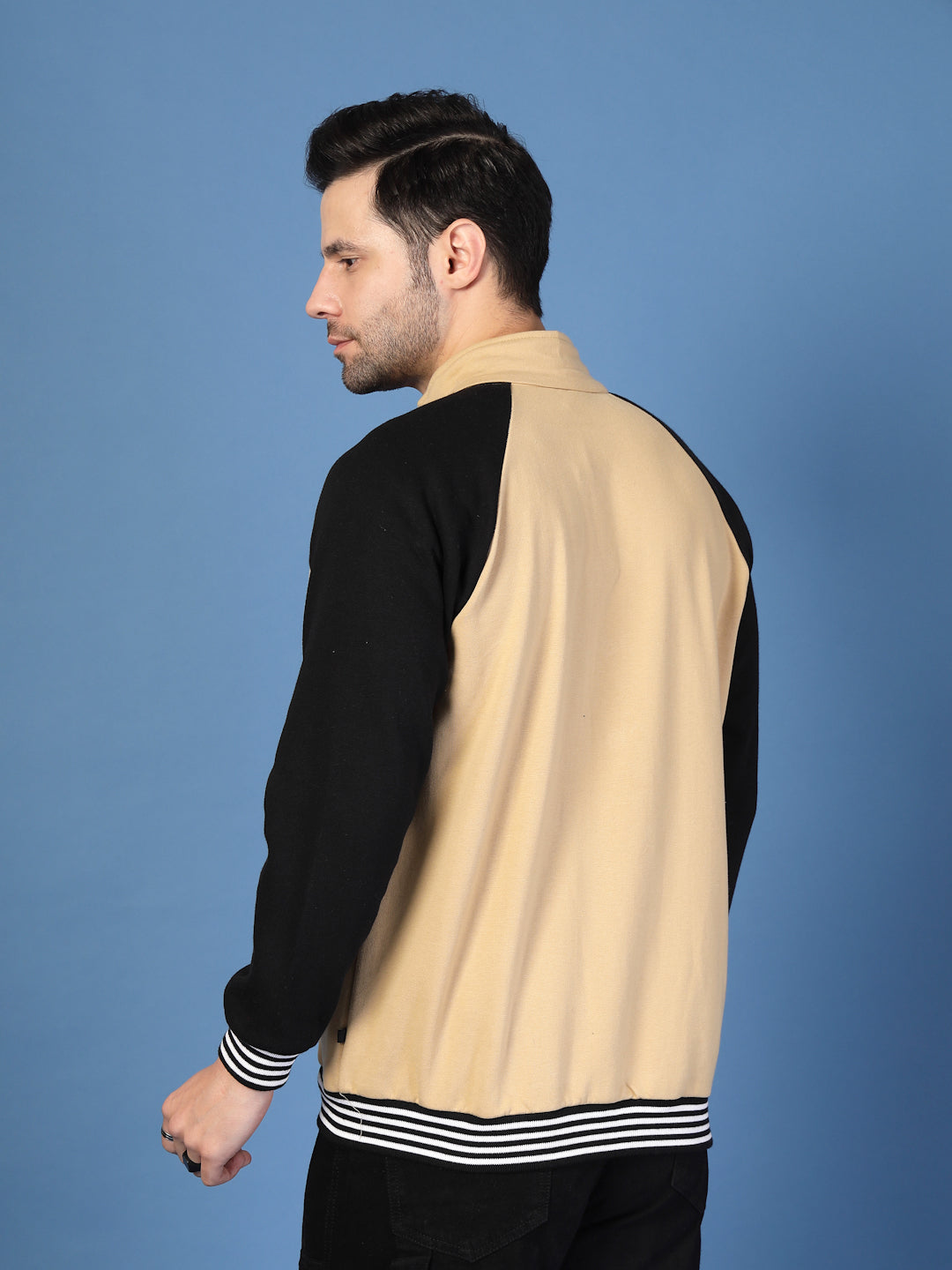 Men Cream Fleece Colorblock Oversized Bomber Jacket
