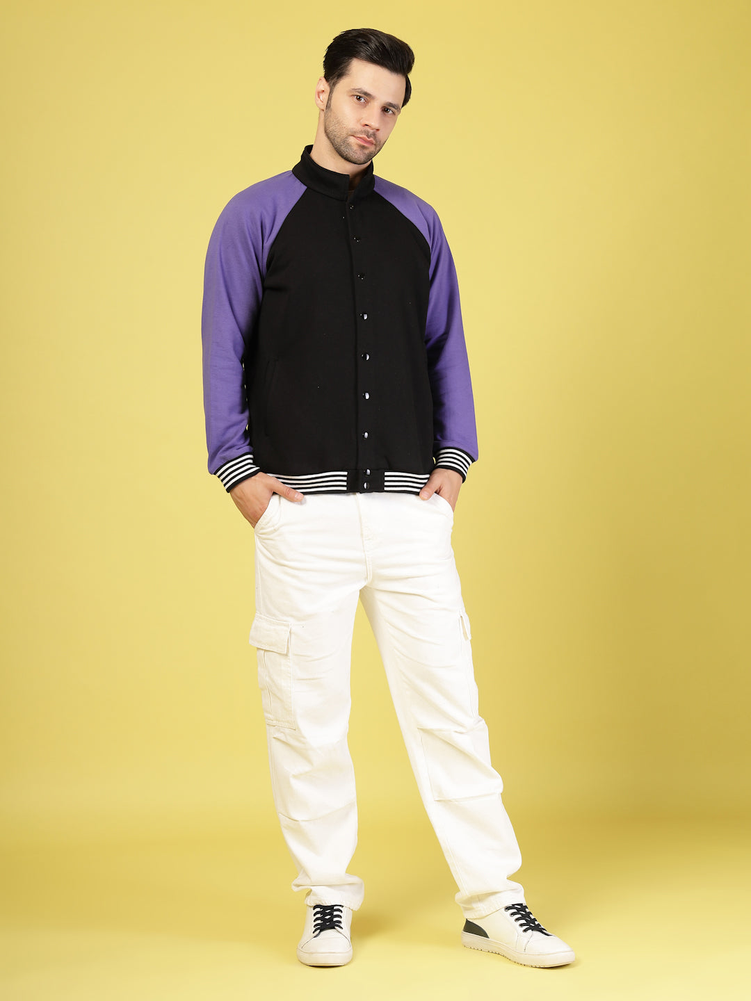 Men Purple Fleece Colorblock Oversized Bomber Jacket