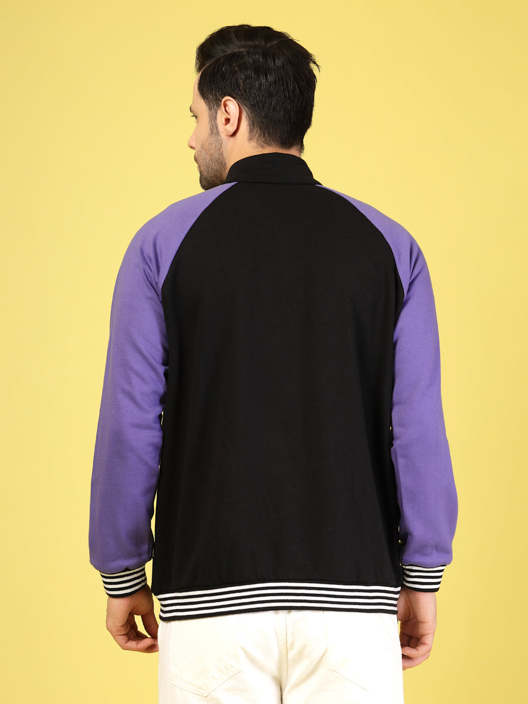 Men Purple Fleece Colorblock Oversized Bomber Jacket