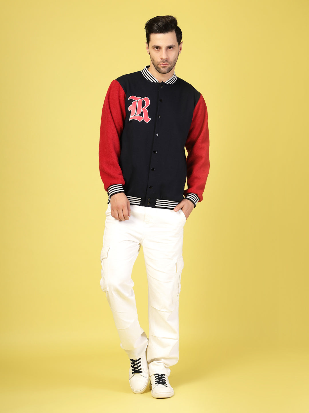 Men Red Fleece Colorblock Oversized Varsity