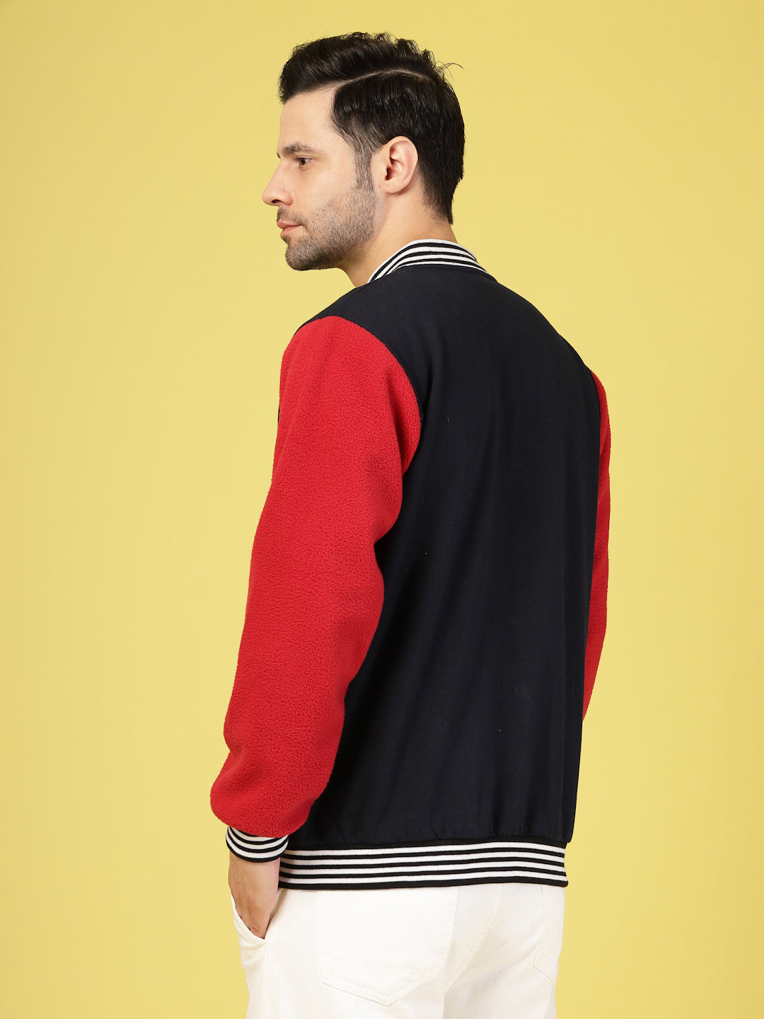 Men Red Fleece Colorblock Oversized Varsity