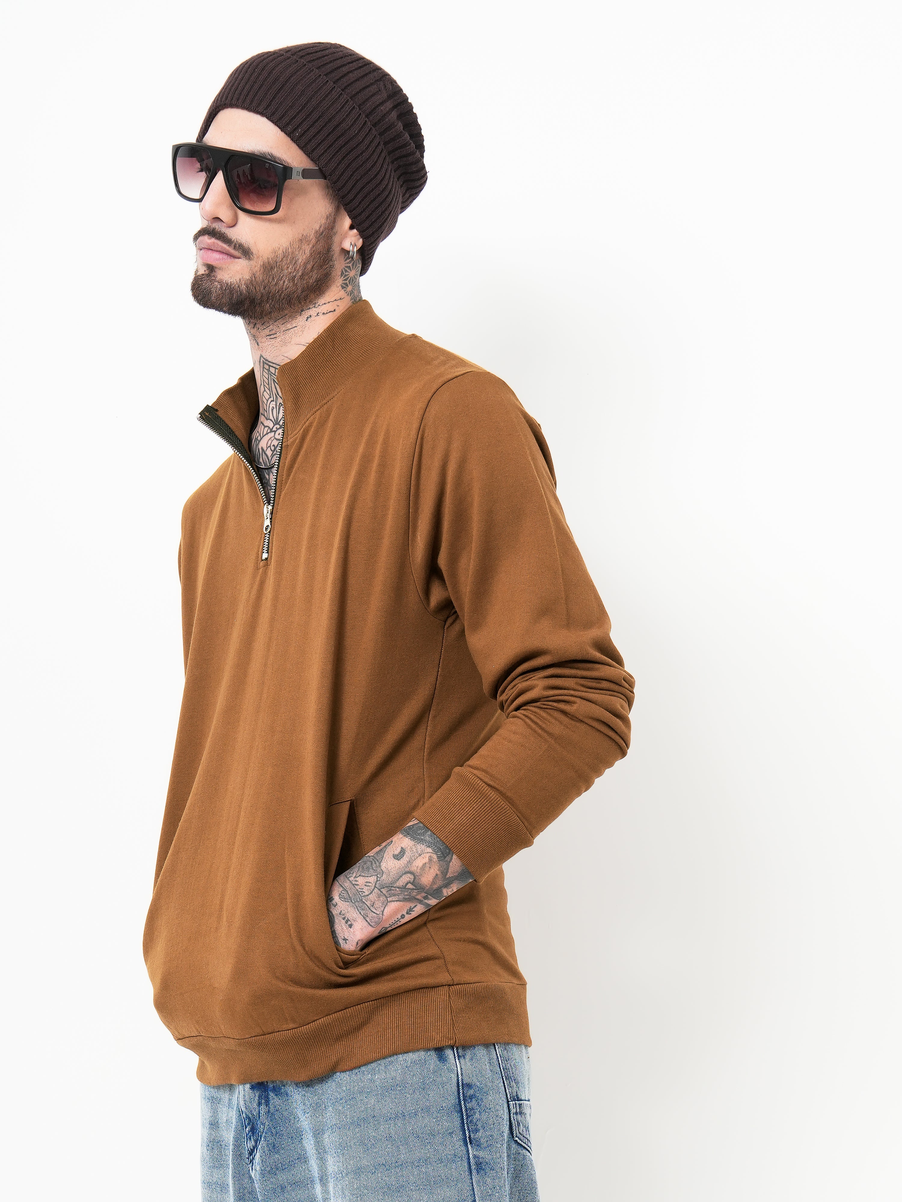 Men Half Zip Brown Sweatshirt