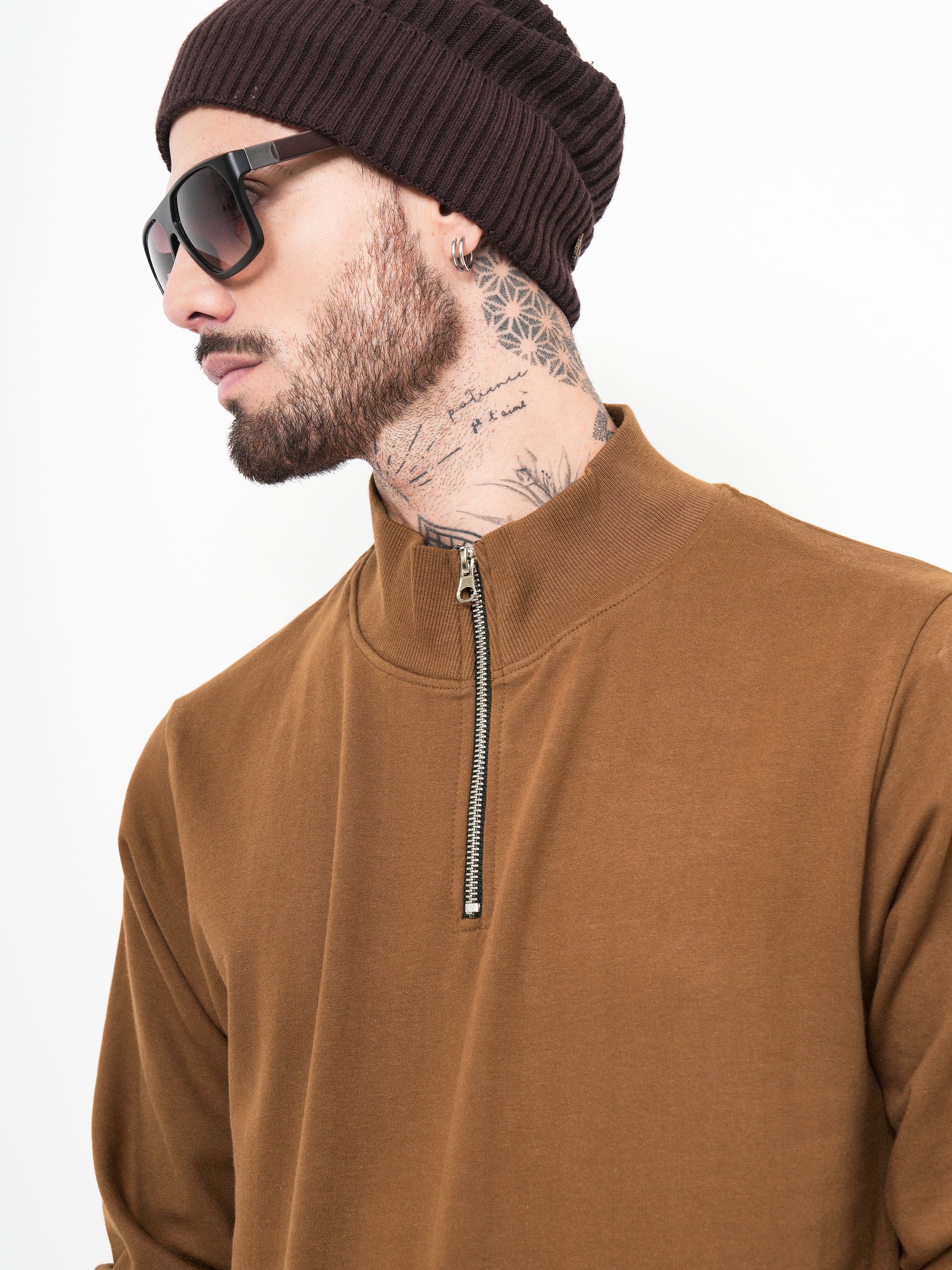 Men Half Zip Brown Sweatshirt