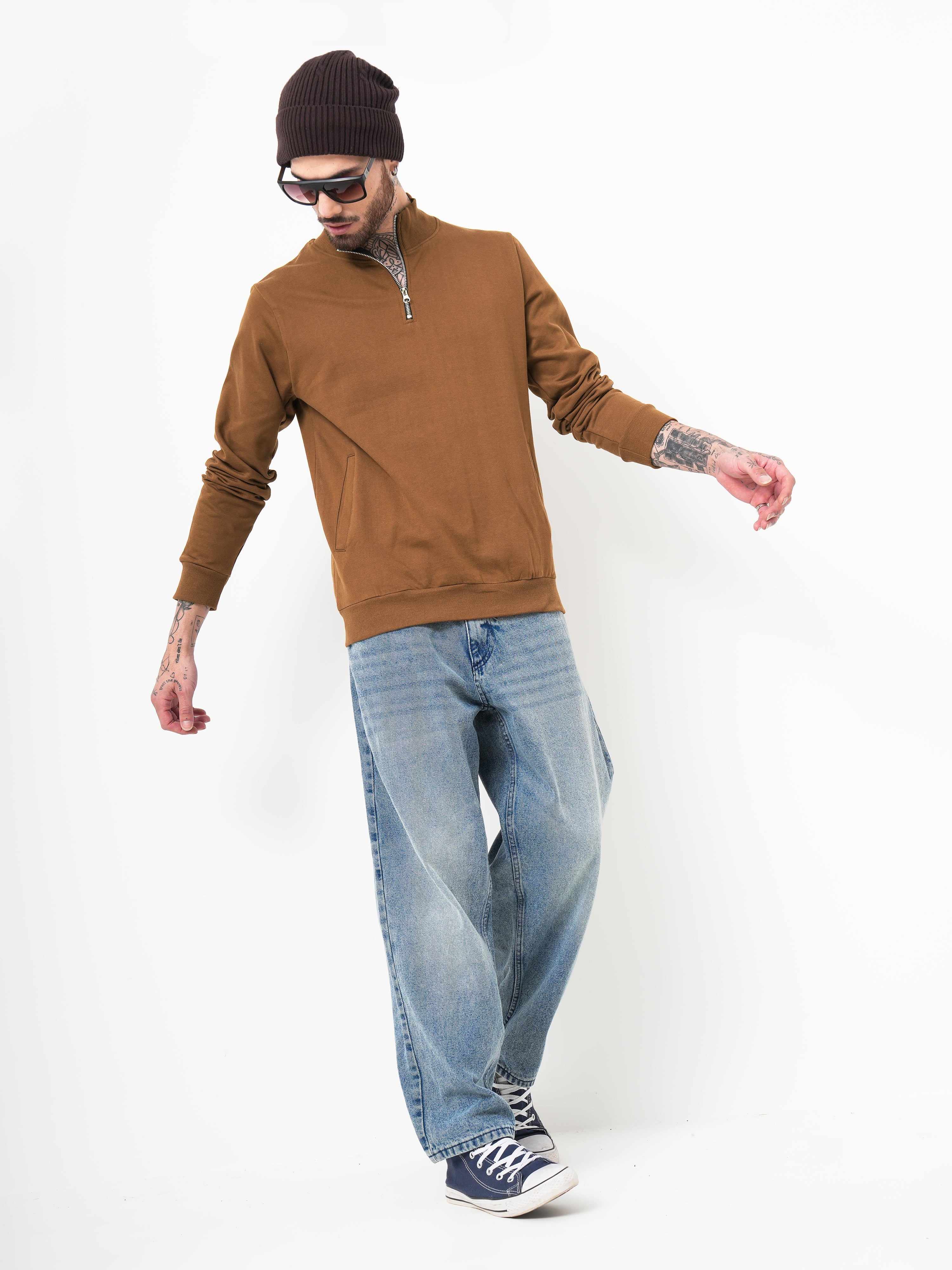 Men Half Zip Brown Sweatshirt