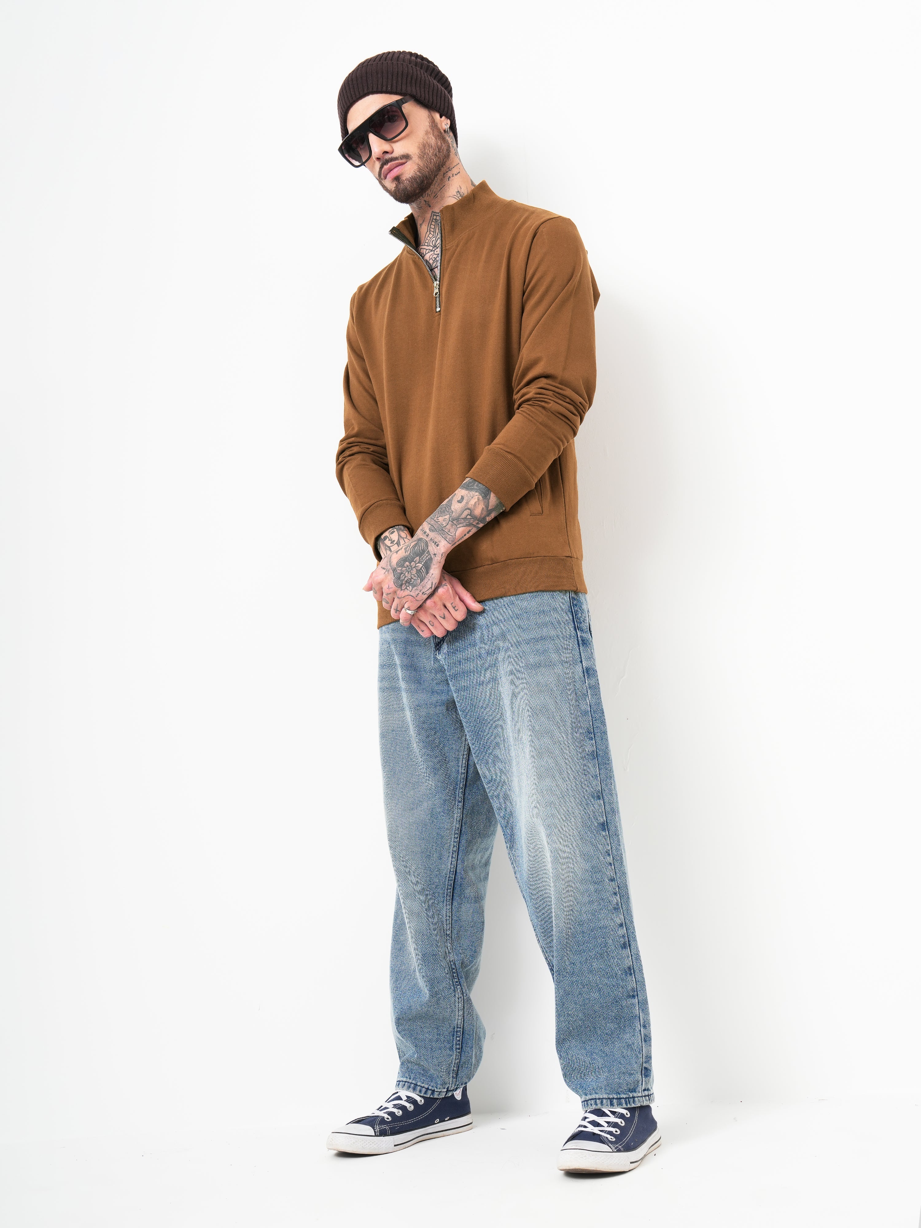 Men Half Zip Brown Sweatshirt