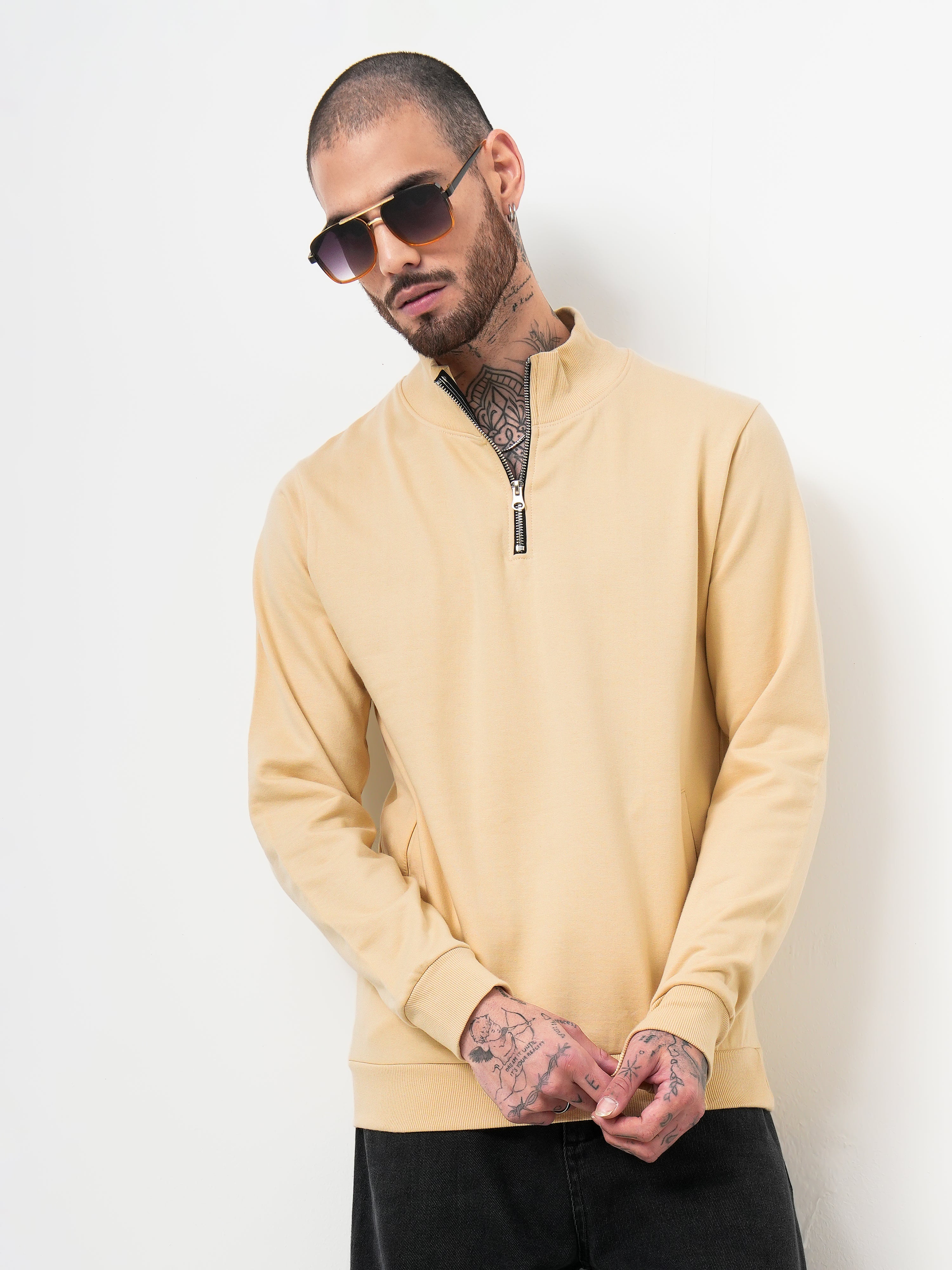 Men Half Zip Cream Sweatshirt