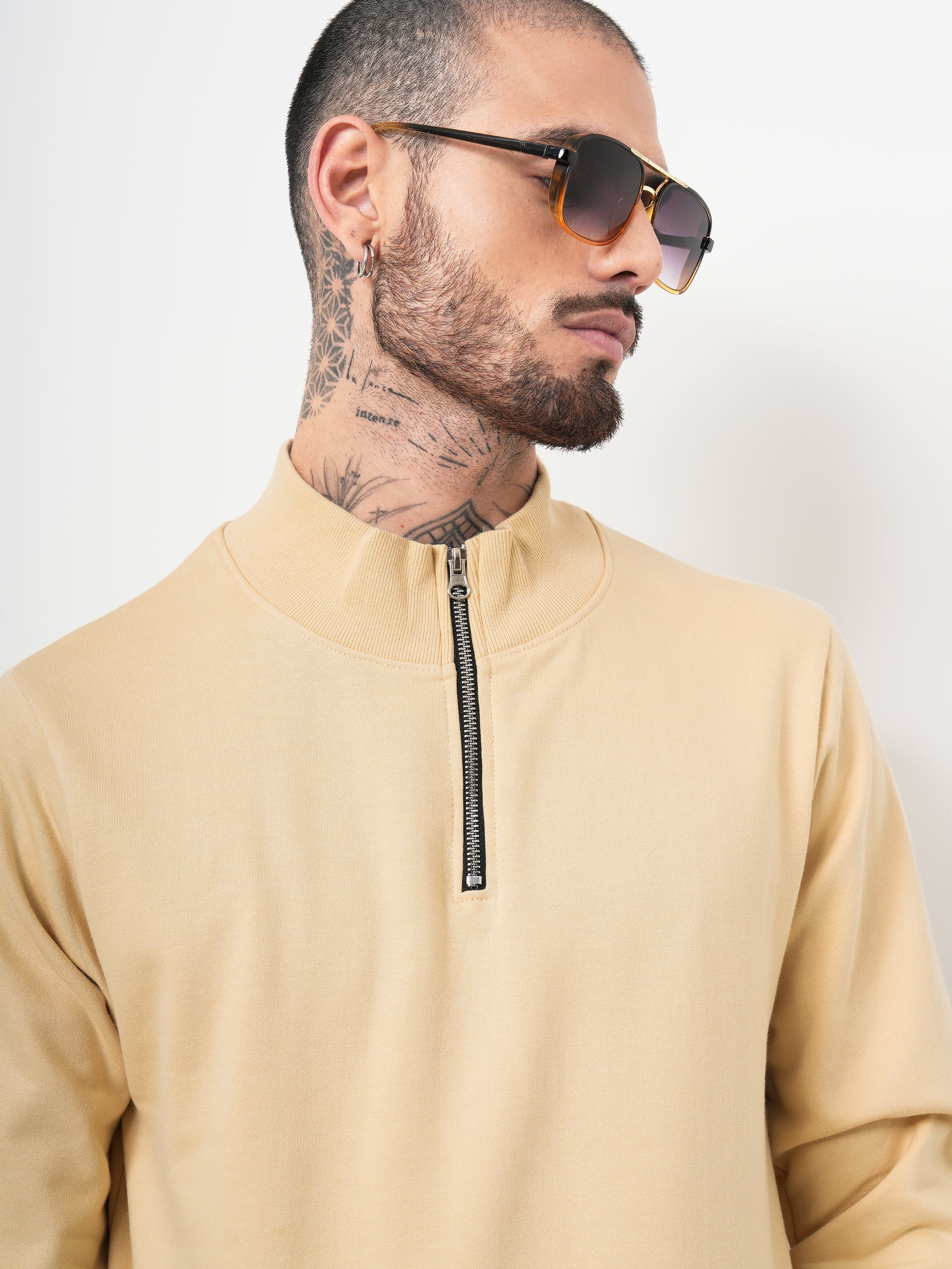 Men Half Zip Cream Sweatshirt