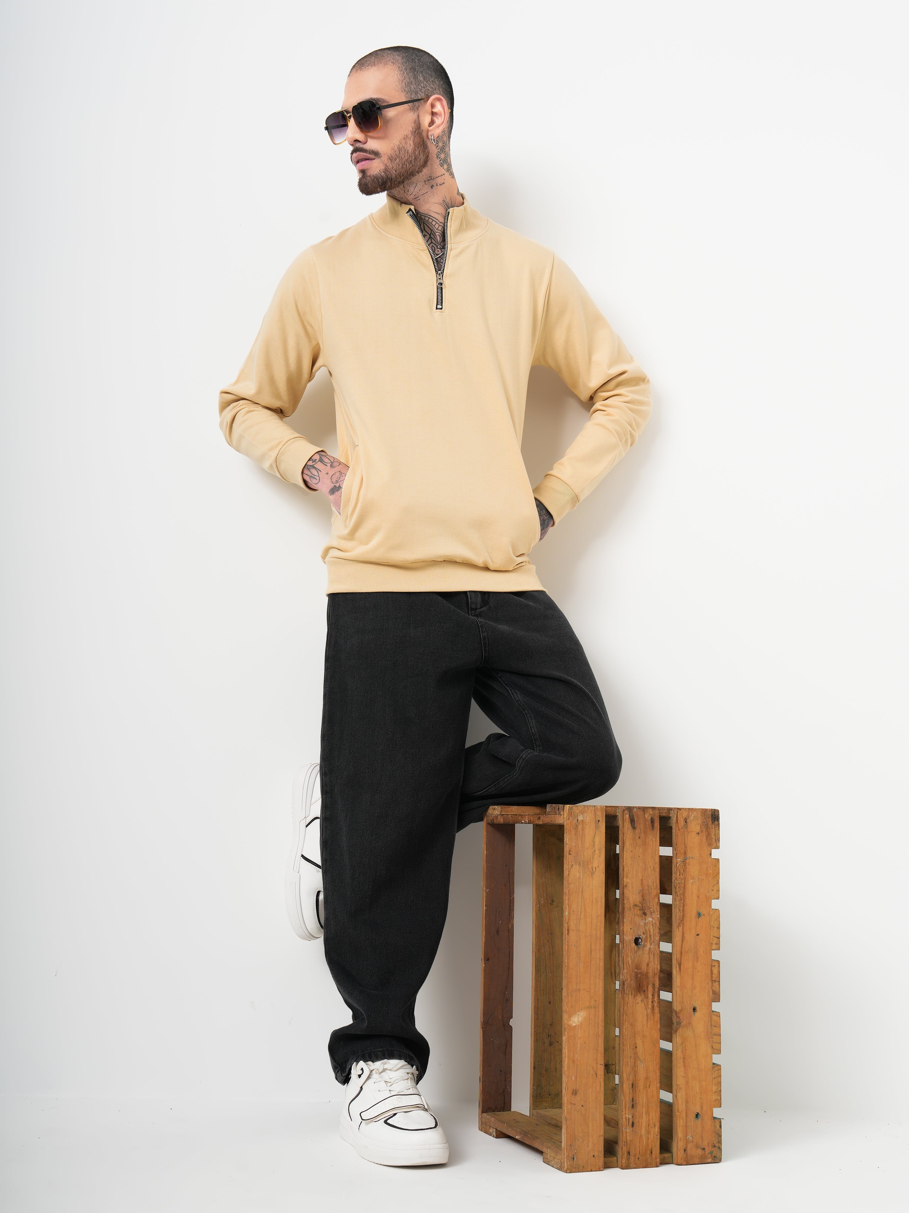 Men Half Zip Cream Sweatshirt