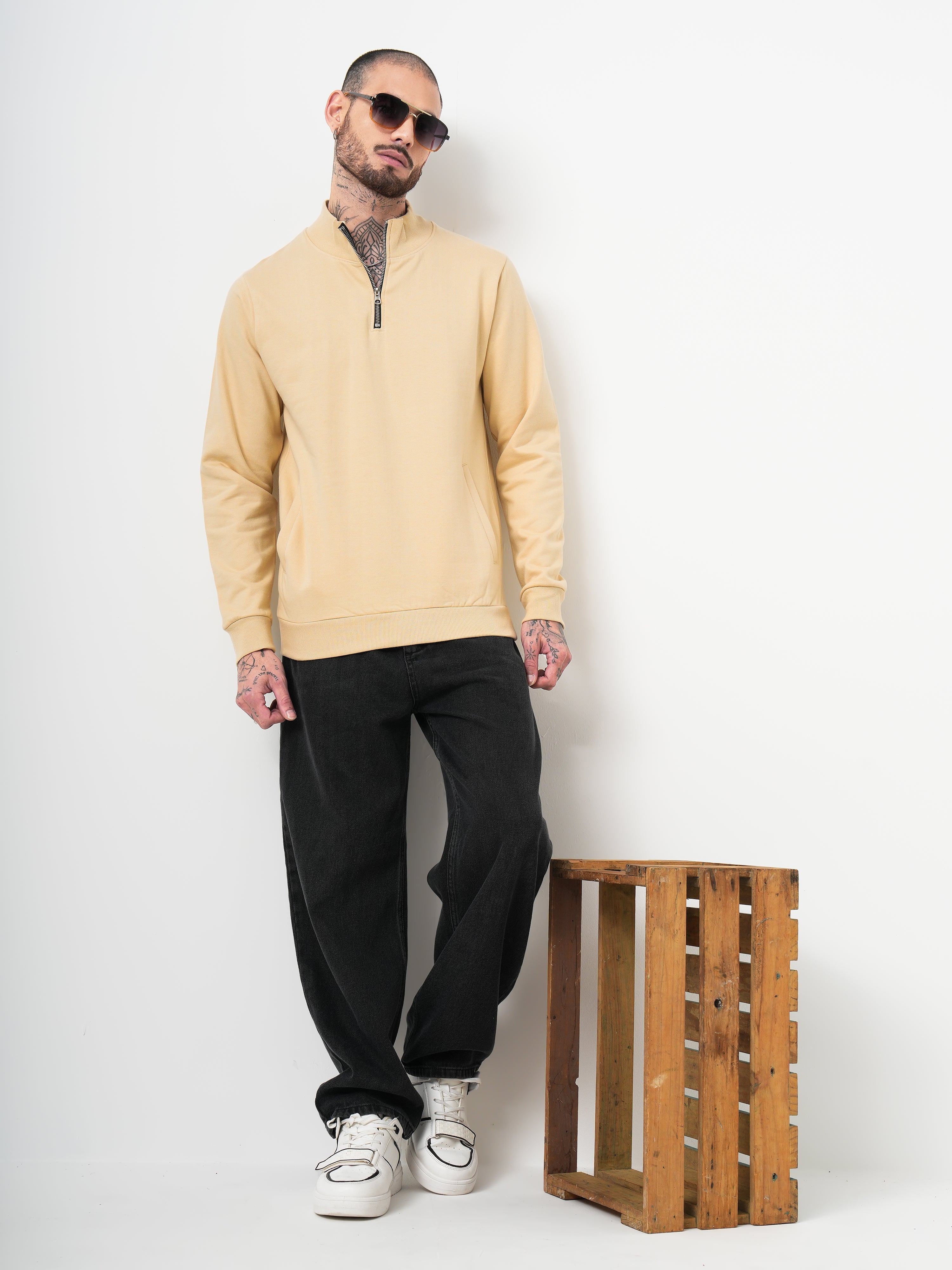 Men Half Zip Cream Sweatshirt