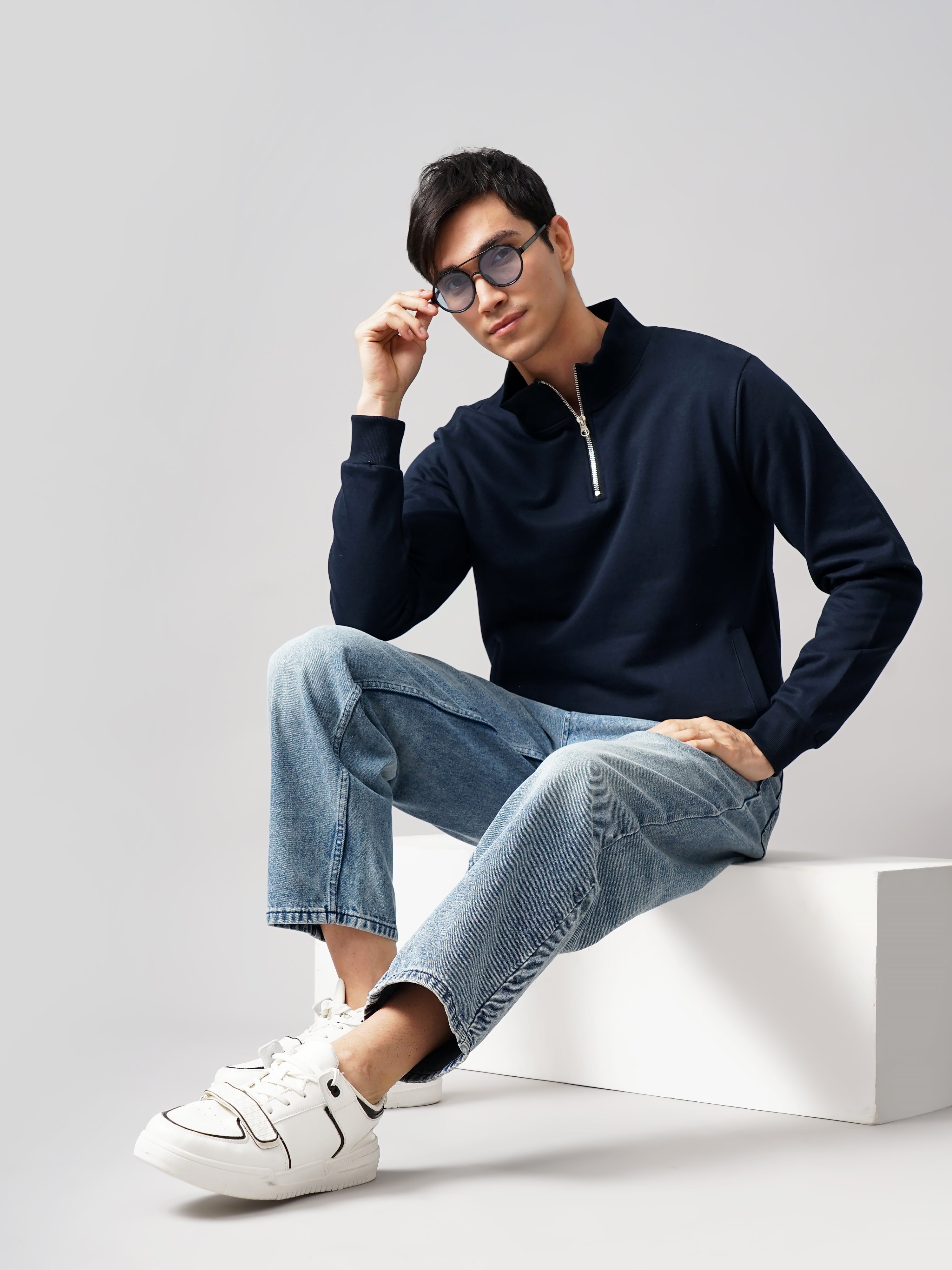 Men Half Zip Navy Sweatshirt