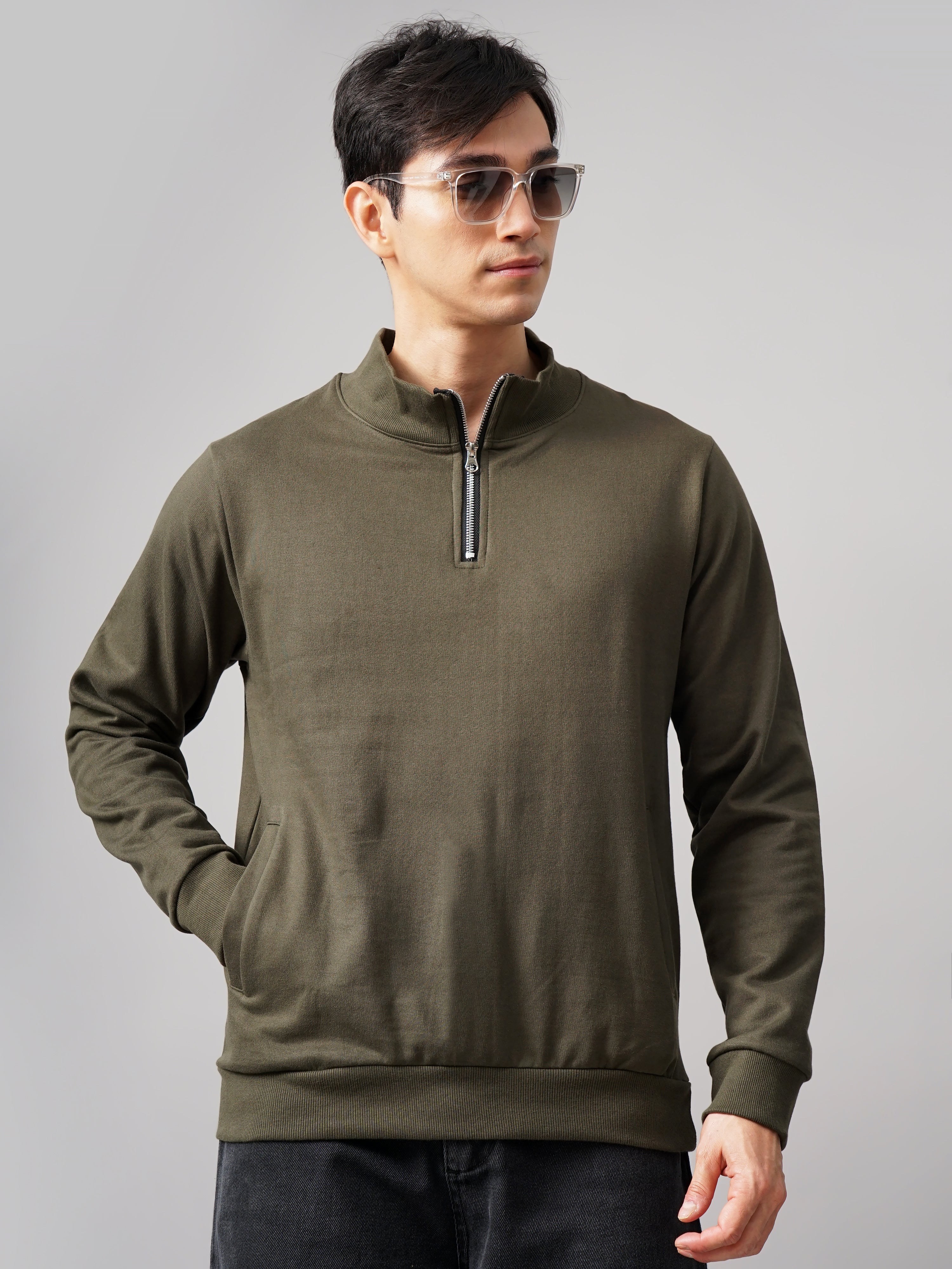 Men Half Zip Olive Sweatshirt
