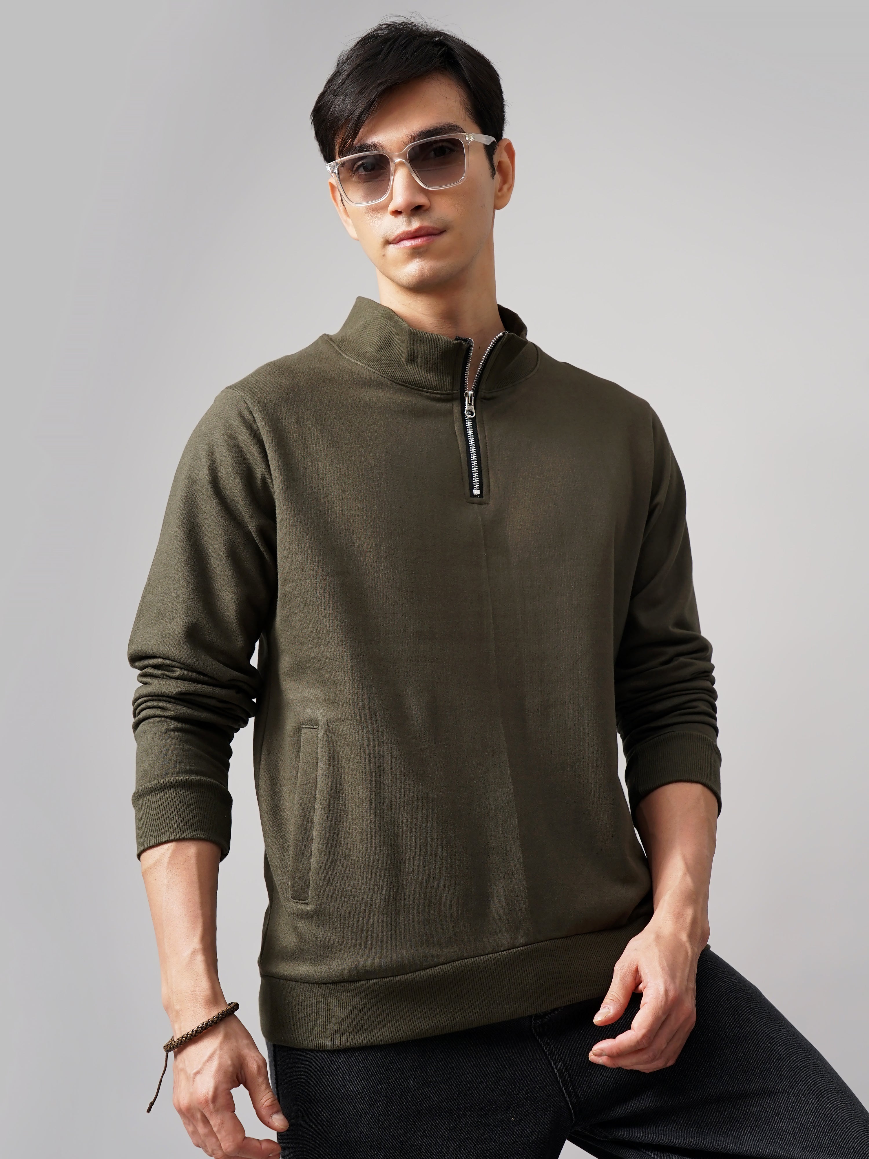 Men Half Zip Olive Sweatshirt