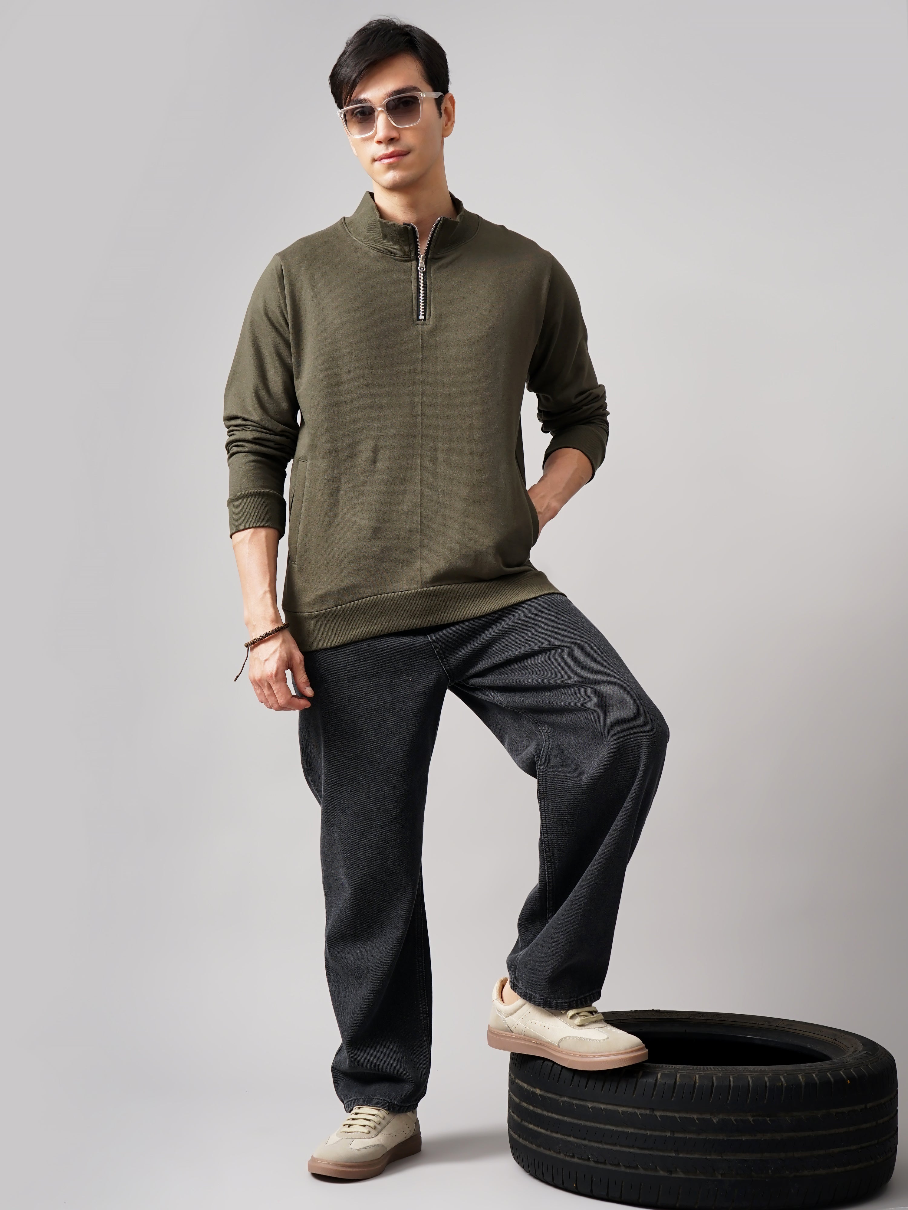 Men Half Zip Olive Sweatshirt