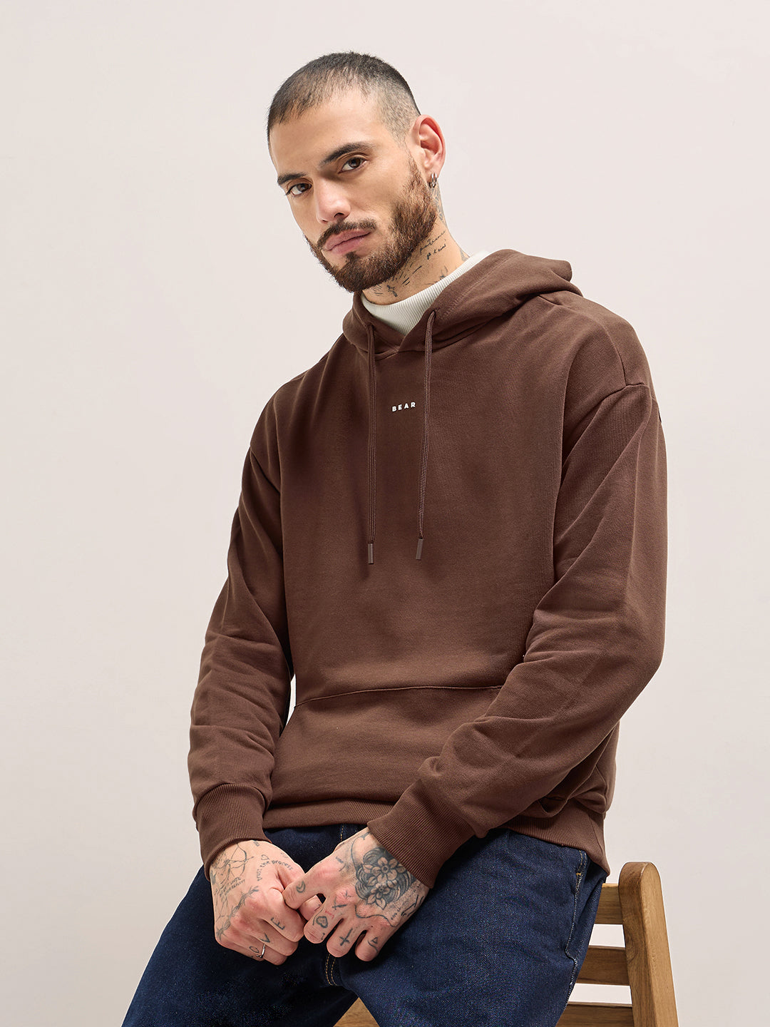 Men Brown Solid Relax Fit Hoodie