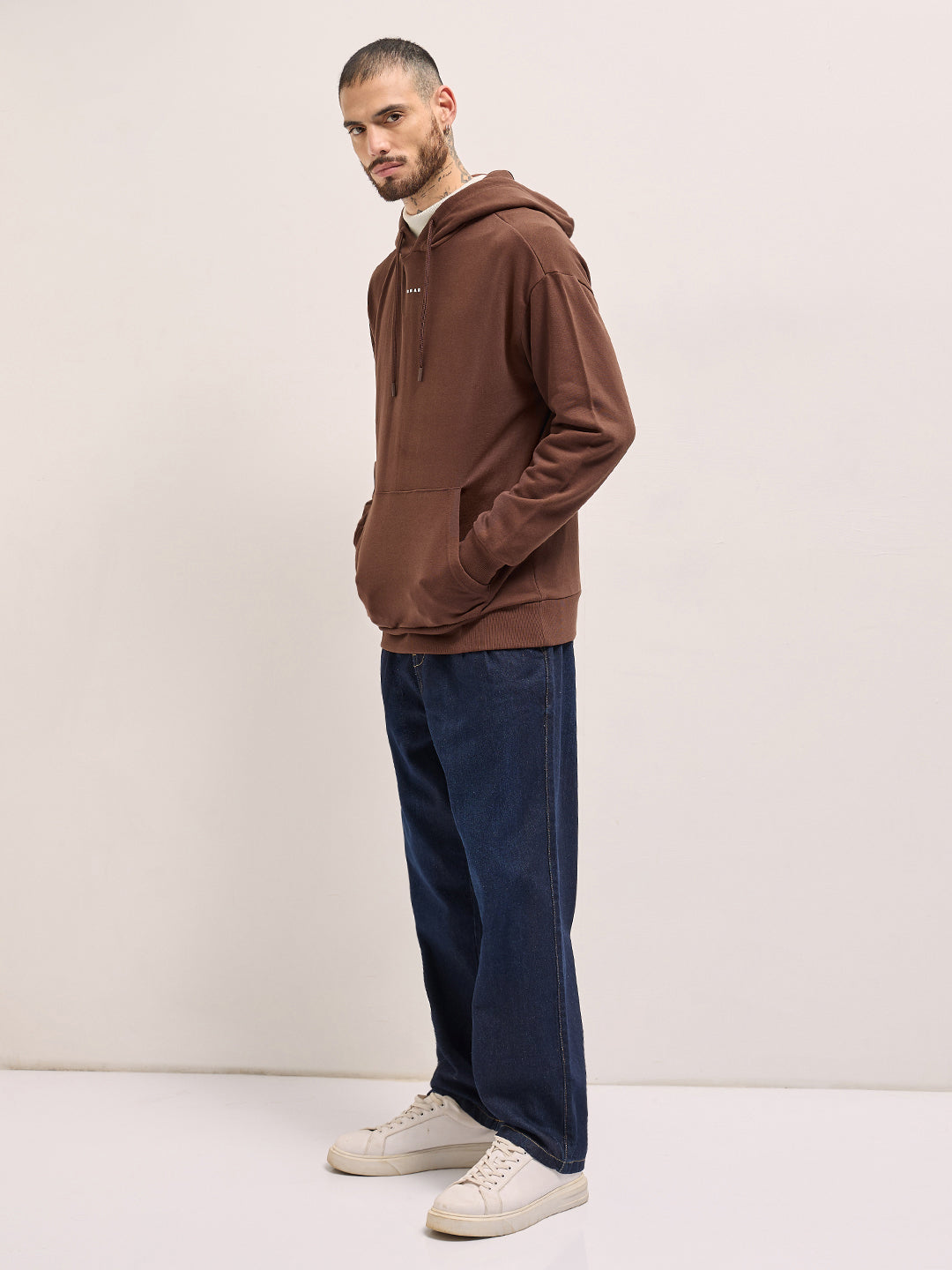 Men Brown Solid Relax Fit Hoodie