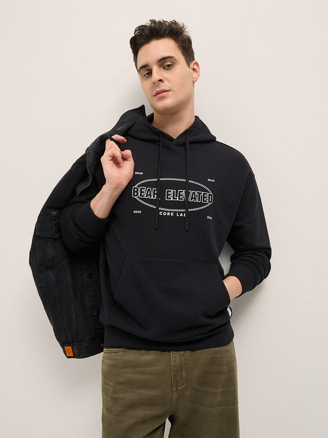 Men Black Graphic Print Relax Fit Hoodie