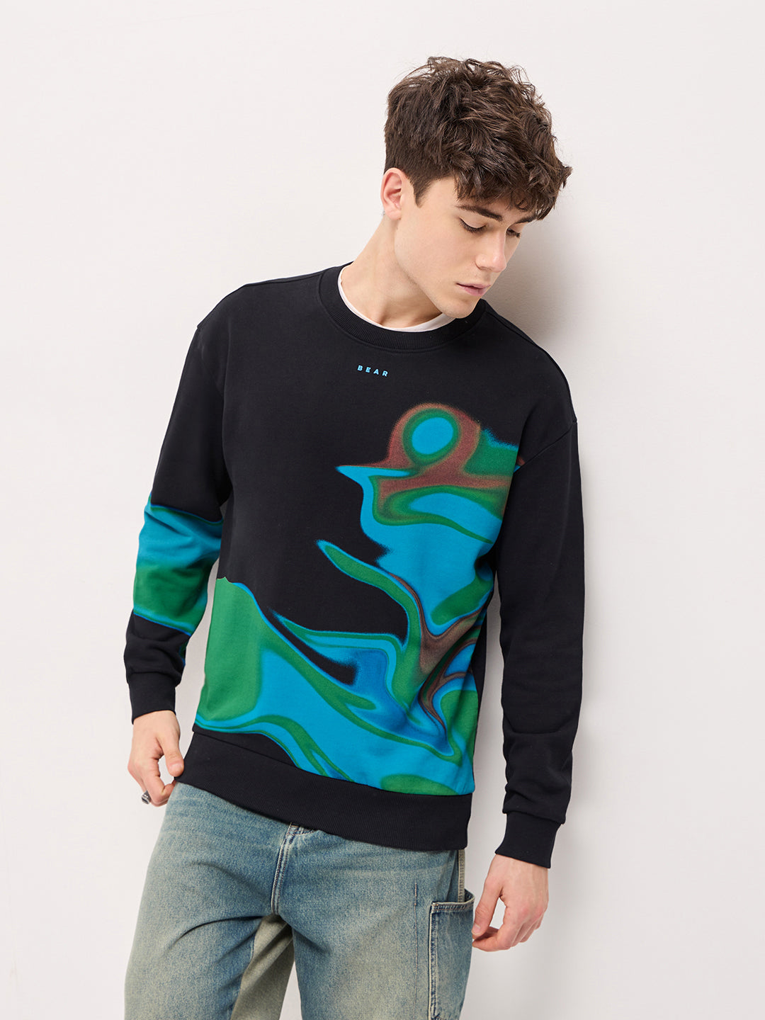 Men Black Graphic Printed Relax Fit Crew Neck Sweatshirt
