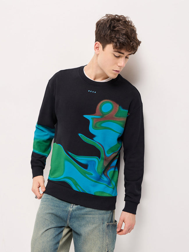 Men Black Graphic Printed Relax Fit Crew Neck Sweatshirt