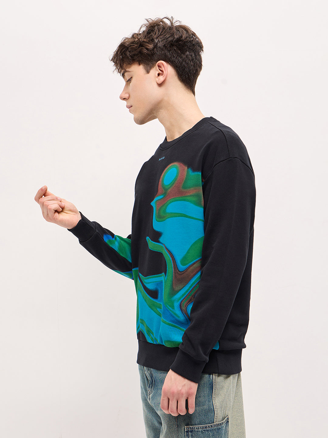 Men Black Graphic Printed Relax Fit Crew Neck Sweatshirt