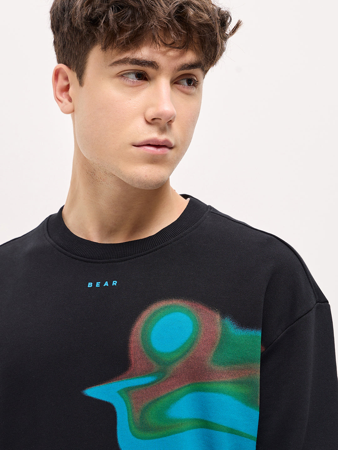 Men Black Graphic Printed Relax Fit Crew Neck Sweatshirt