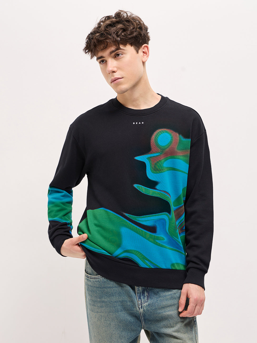 Men Black Graphic Printed Relax Fit Crew Neck Sweatshirt