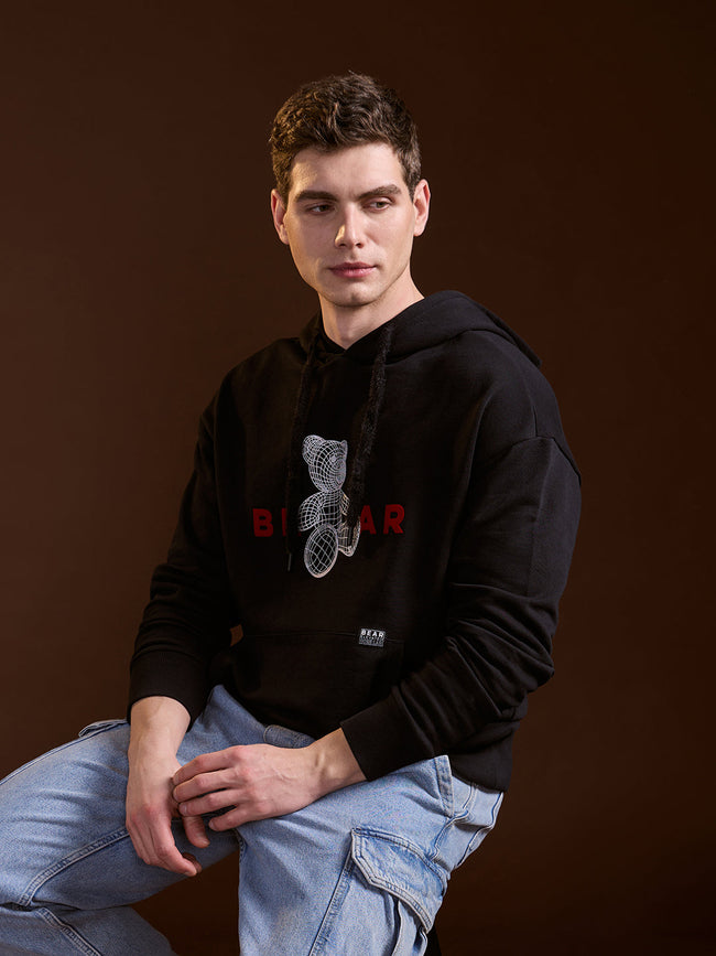 Men Black 3D Graphic Bear Design Relax Fit Hoodie