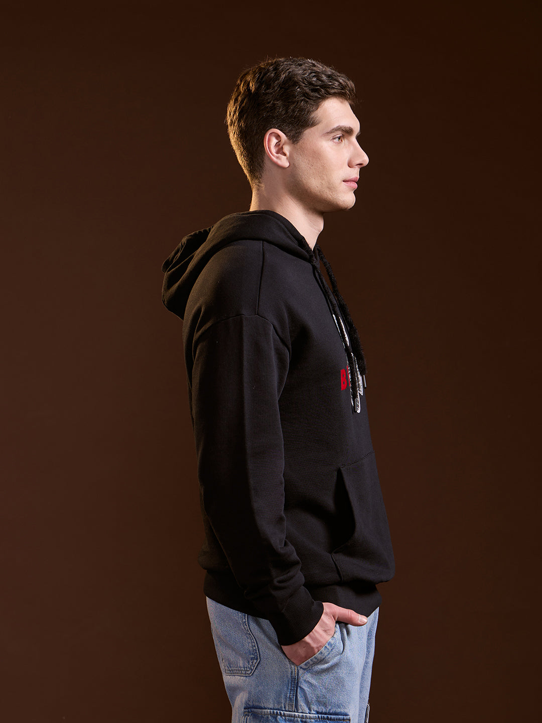 Men Black 3D Graphic Bear Design Relax Fit Hoodie
