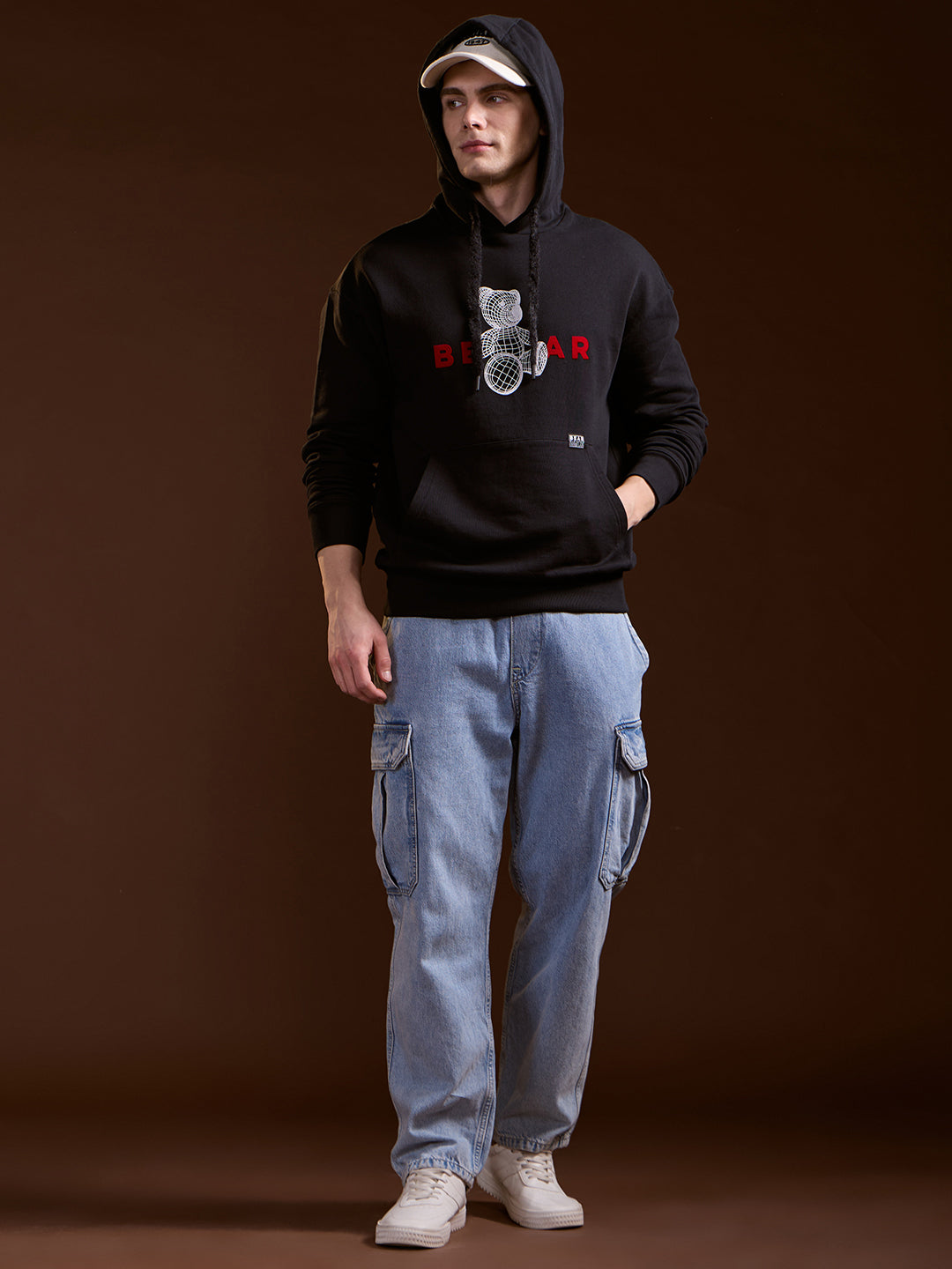 Men Black 3D Graphic Bear Design Relax Fit Hoodie