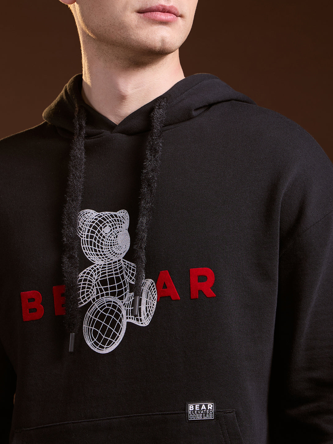 Men Black 3D Graphic Bear Design Relax Fit Hoodie