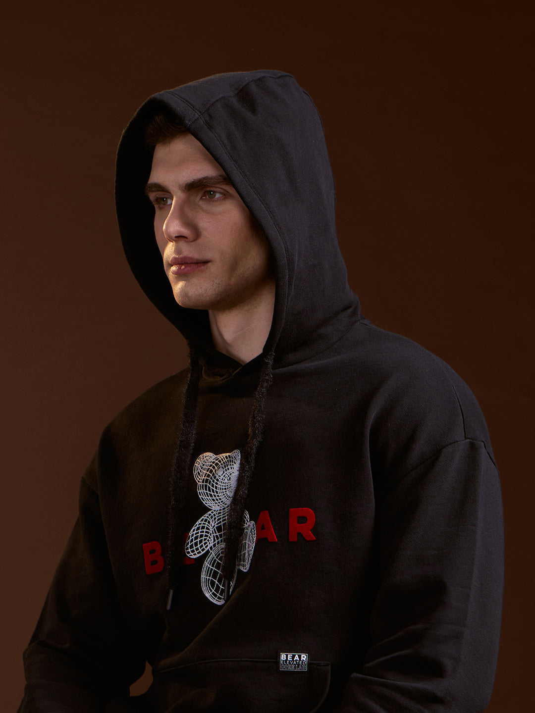 Men Black 3D Graphic Bear Design Relax Fit Hoodie