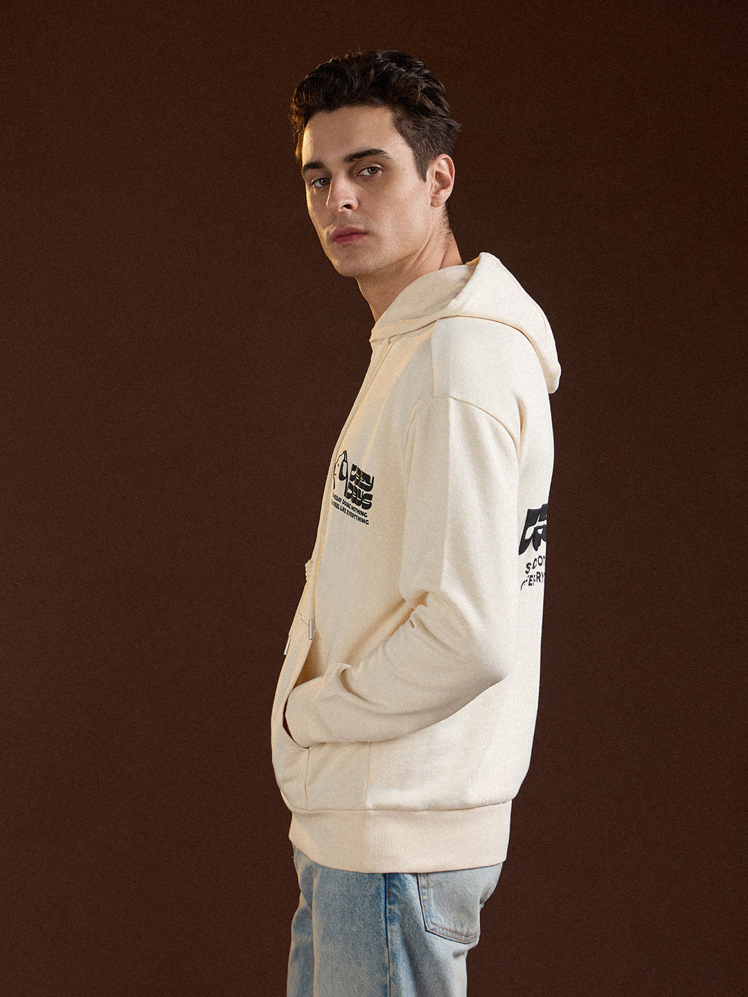 Men Beige Relaxed Fit Hoodie
