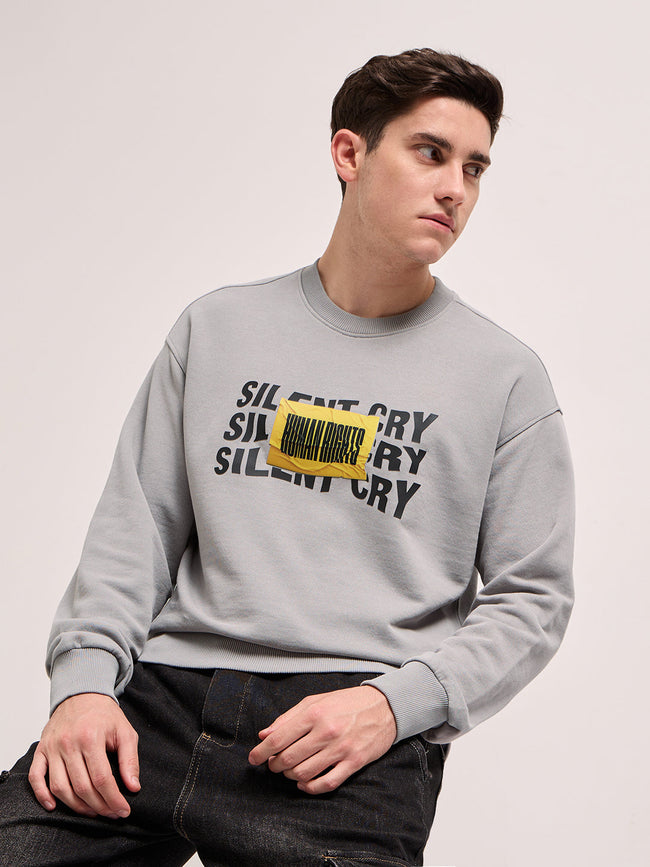 Men Grey Graphic Printed Relax Fit Crew Neck Sweatshirt