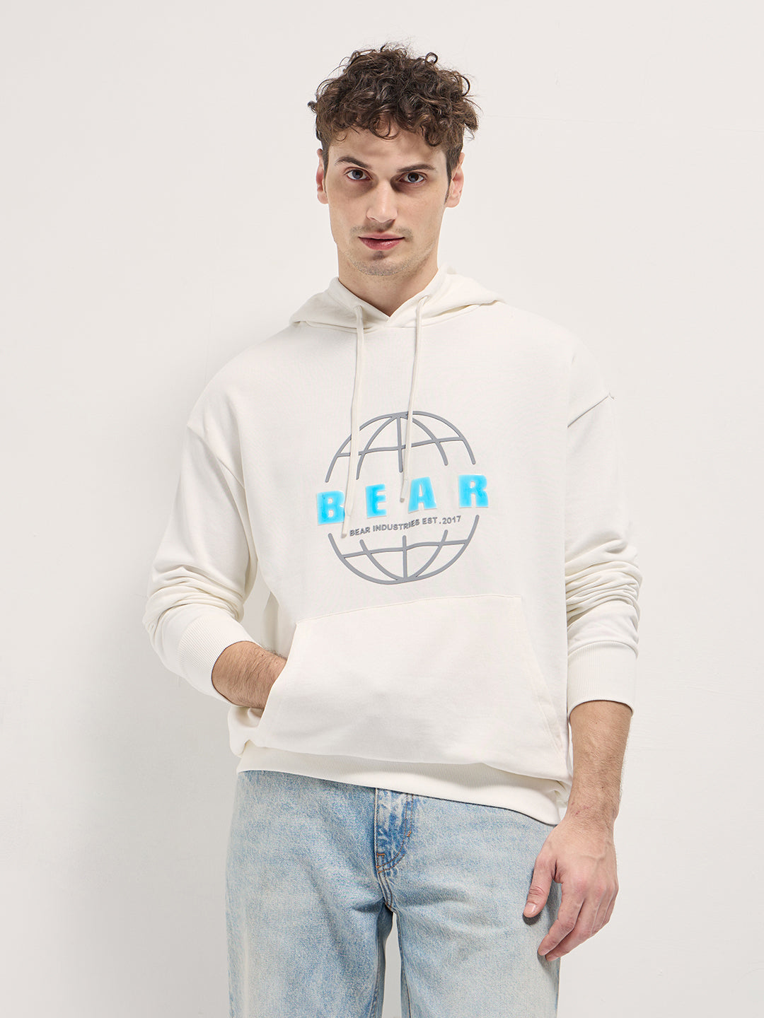 Men White Graphic globe illustration Design Relax Fit Hoodie