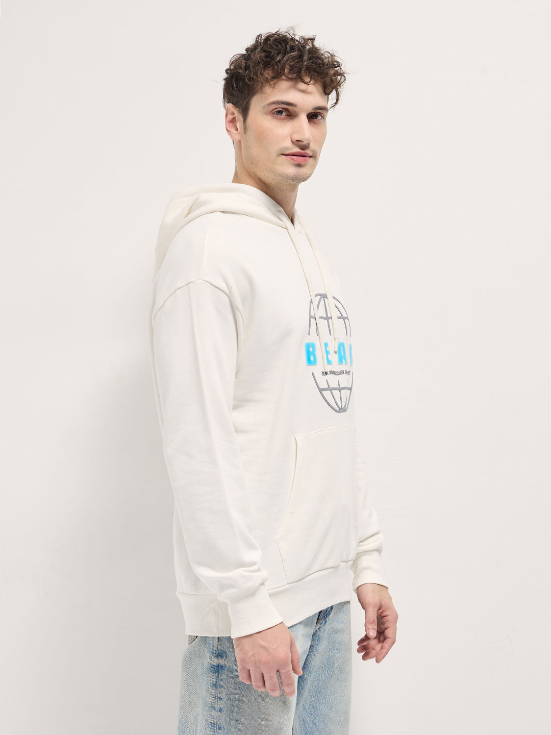 Men White Graphic globe illustration Design Relax Fit Hoodie