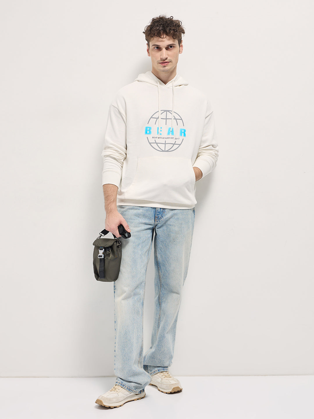 Men White Graphic globe illustration Design Relax Fit Hoodie